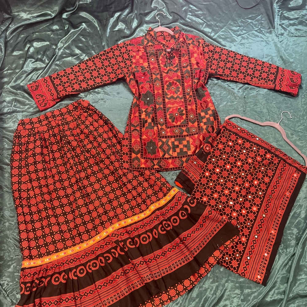 Red Mirror work 3 Piece Sindhi Lehenga Skirt Suit